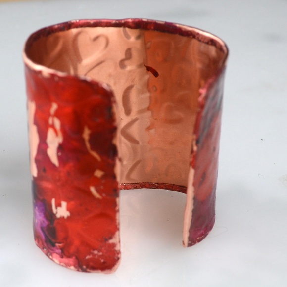Pink Red Purple Hearts Copper Cuff Bracelet Wide Handmade Boho Gift Statement - Picture 4 of 8